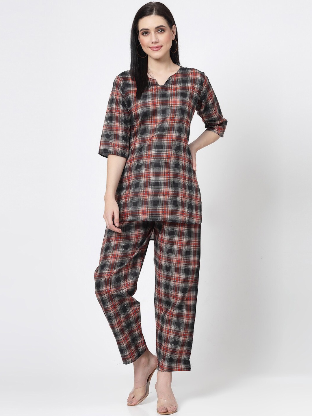 

ISHQY Checked Printed Notch Neck Co-Ords Set, Black