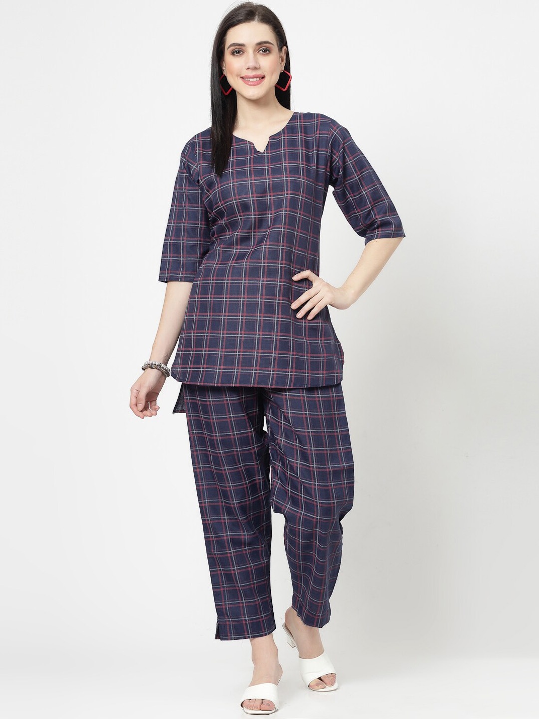 ISHQY Checked Printed Notched Neck Three-Quarter Sleeves Co-Ords Set, Blue