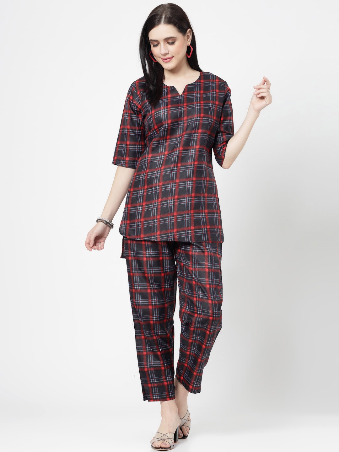 

ISHQY Notched Neck Checked Top with Trousers, Red