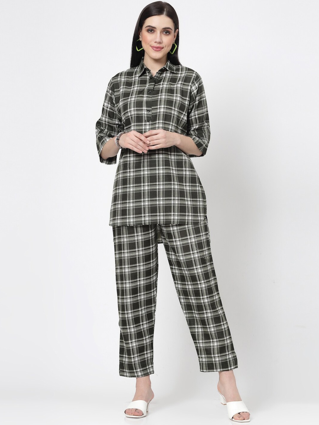 ISHQY Checked Printed Notched Neck Three-Quarter Sleeves Co-Ords Set, Green