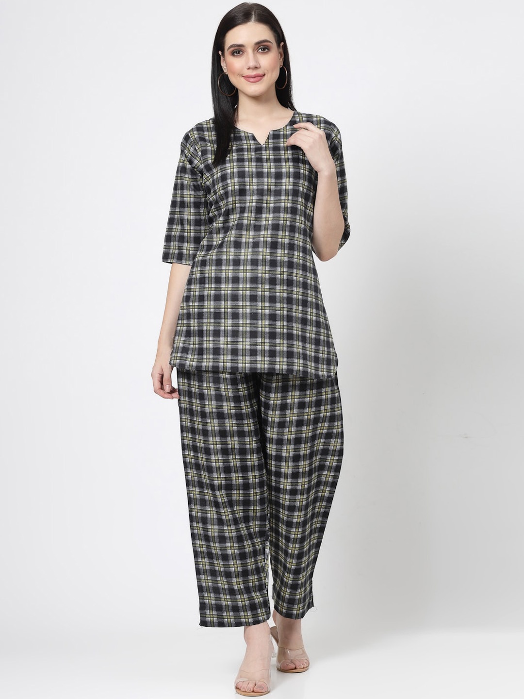 

ISHQY Checked Printed Notch Neck Co-Ords Set, Black
