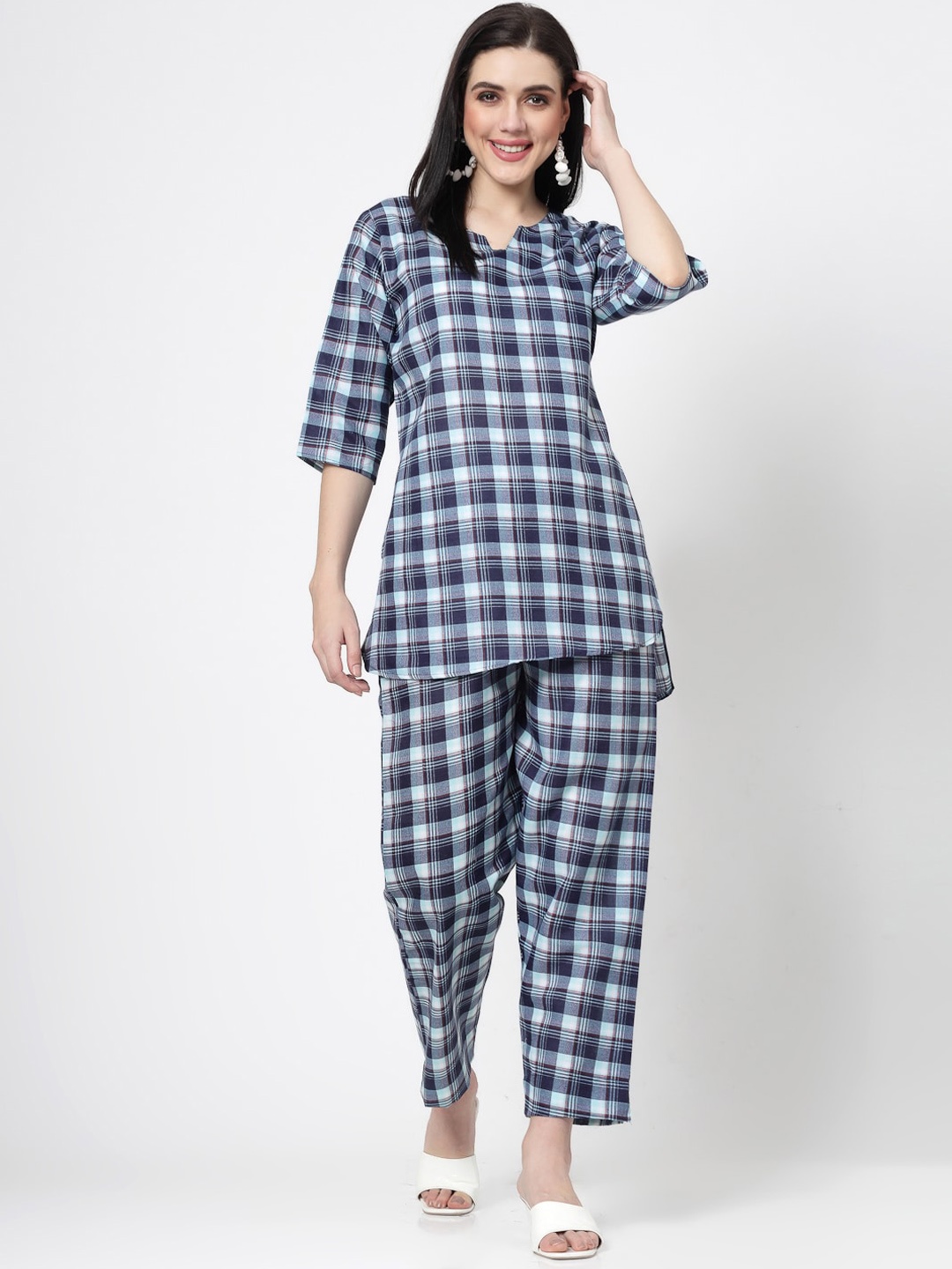 

ISHQY Checked Print Notch Neck Straight Co-ords Set, Blue