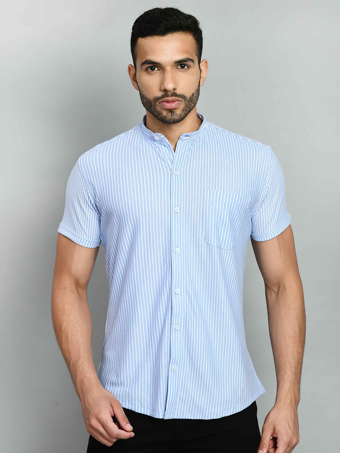 

SQUIREHOOD Smart Skinny Fit Mandarin Collar Striped Cotton Casual Shirt, Na