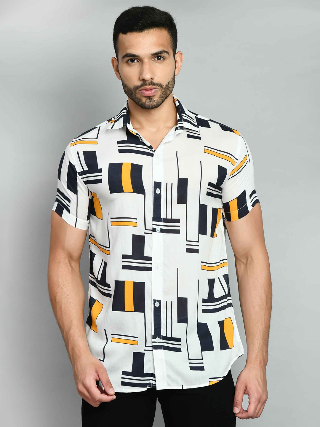 

SQUIREHOOD Smart Skinny Fit Spread Collar Printed Cotton Casual Shirt, Na