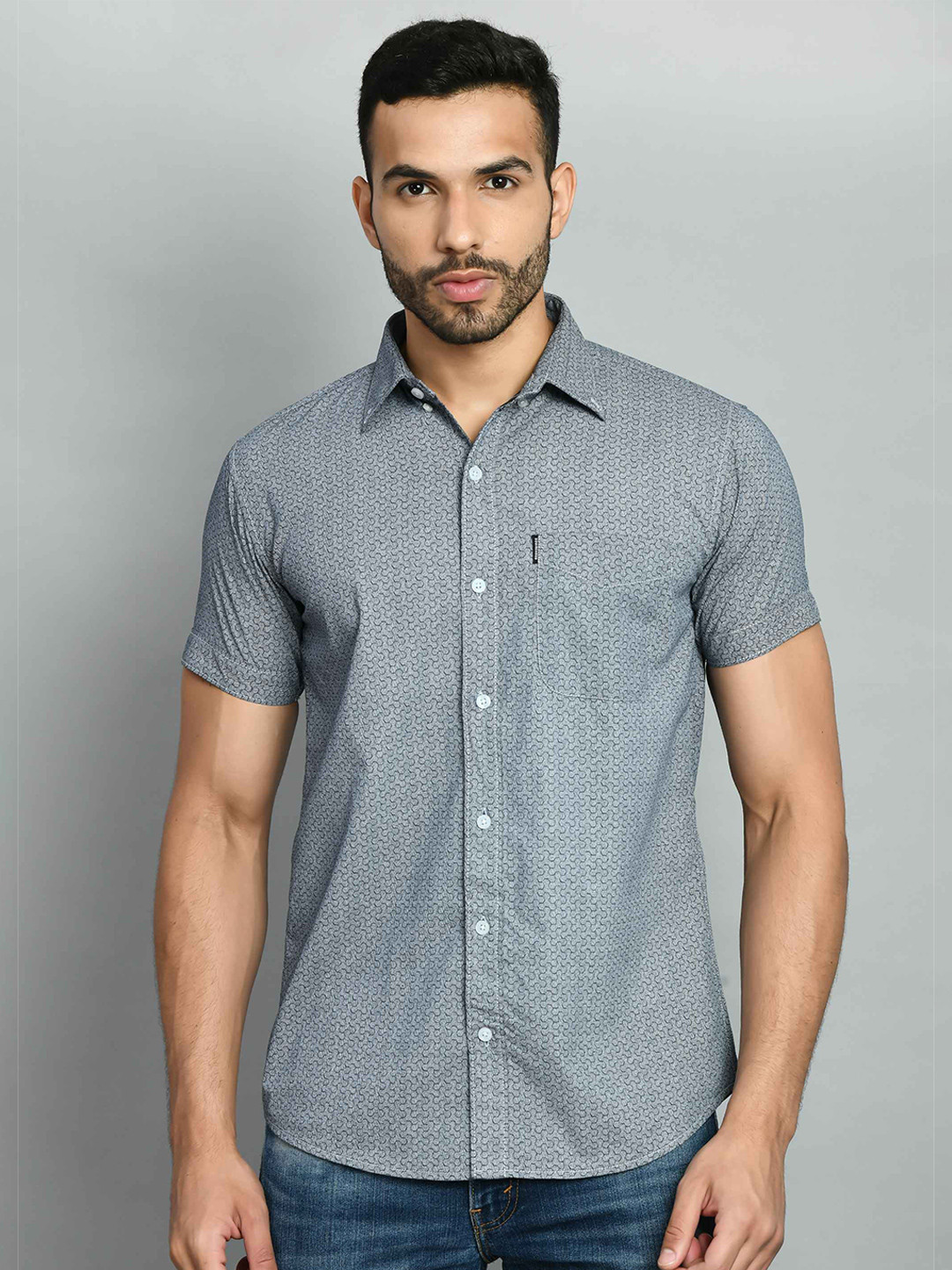 

SQUIREHOOD Smart Skinny Fit Spread Collar Printed Cotton Casual Shirt, Blue