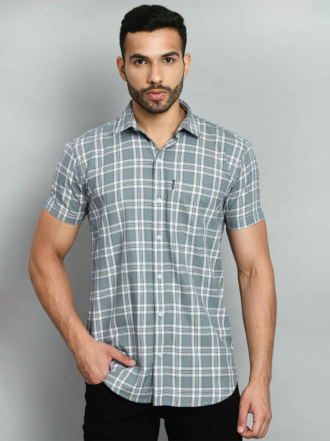

SQUIREHOOD Smart Skinny Fit Spread Collar Checked Cotton Casual Shirt, Grey