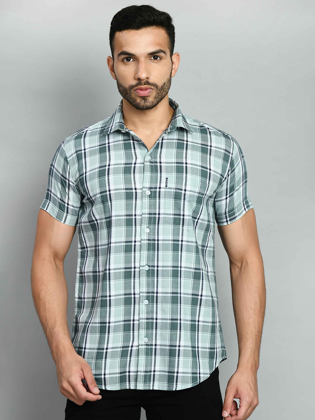 

SQUIREHOOD Smart Skinny Fit Tartan Checks Opaque Cotton Casual Shirt, Green