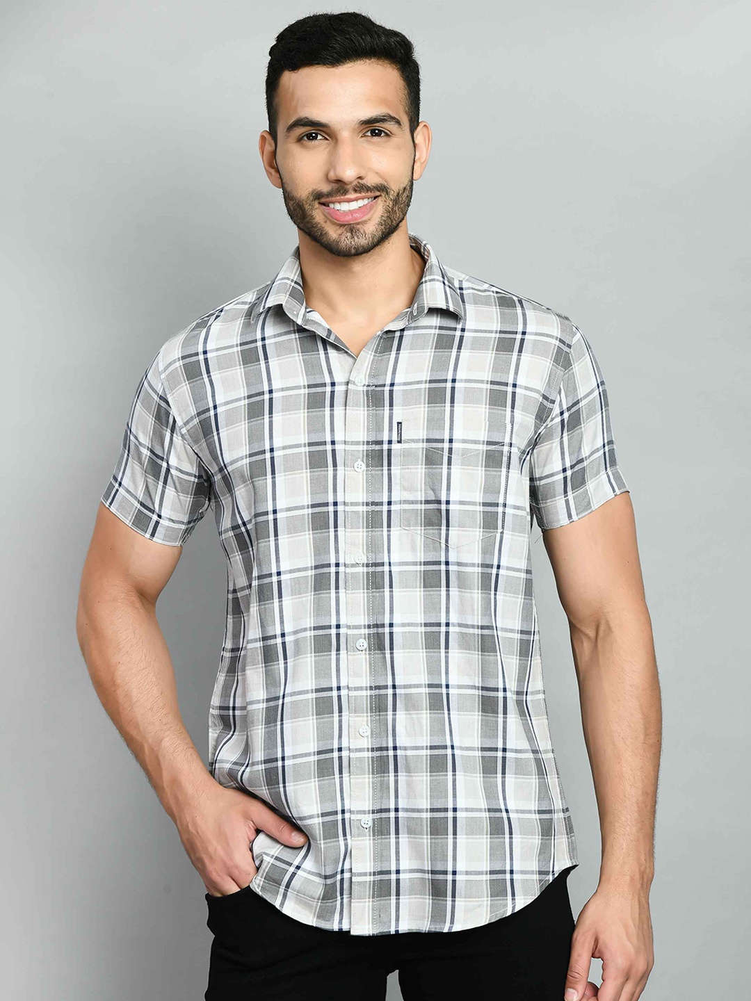 

SQUIREHOOD Smart Skinny Fit Tartan Checks Opaque Cotton Casual Shirt, Grey