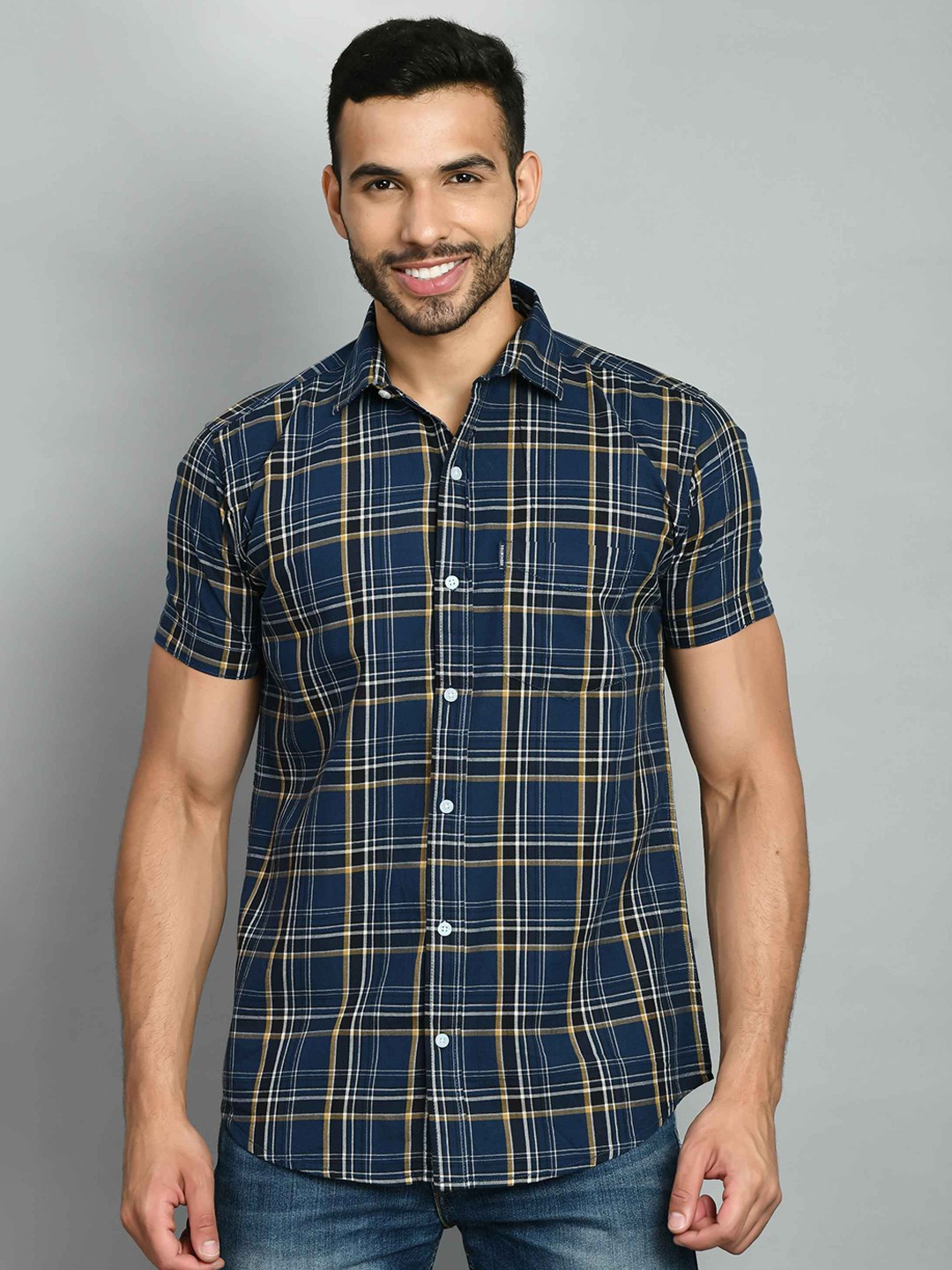 

SQUIREHOOD Smart Skinny Fit Tartan Checks Opaque Cotton Casual Shirt, Blue