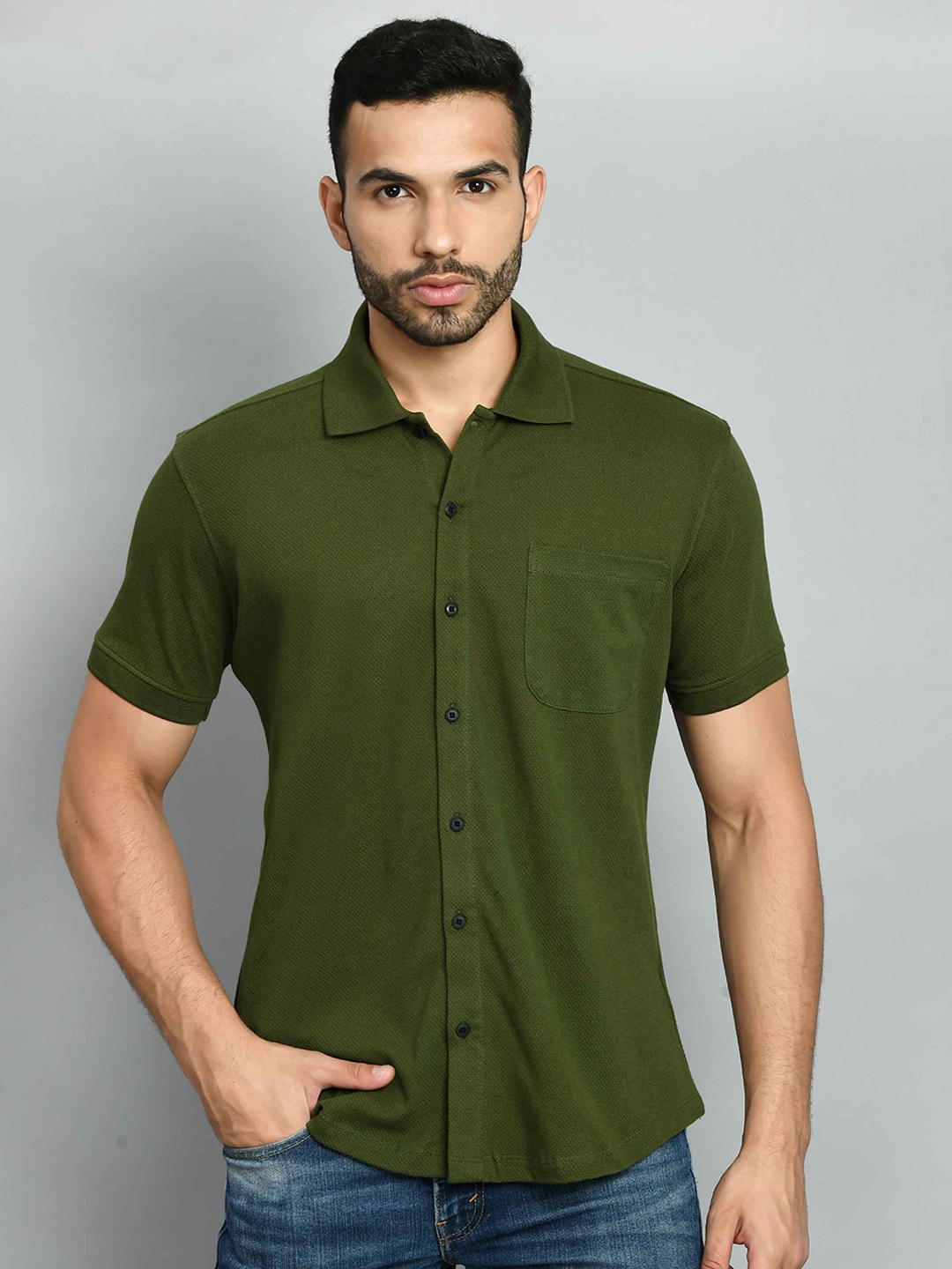 

SQUIREHOOD Smart Skinny Fit Spread Collar Cotton Casual Shirt, Olive