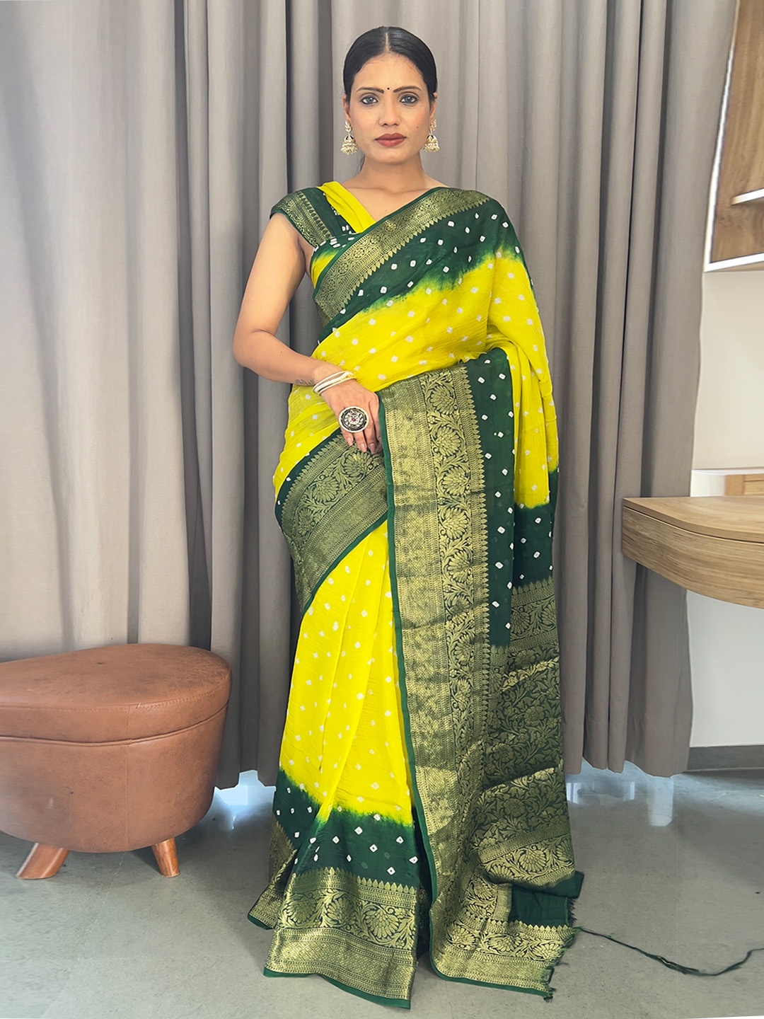 

Anouk Yellow and white Woven Design Zari Bandhani Saree