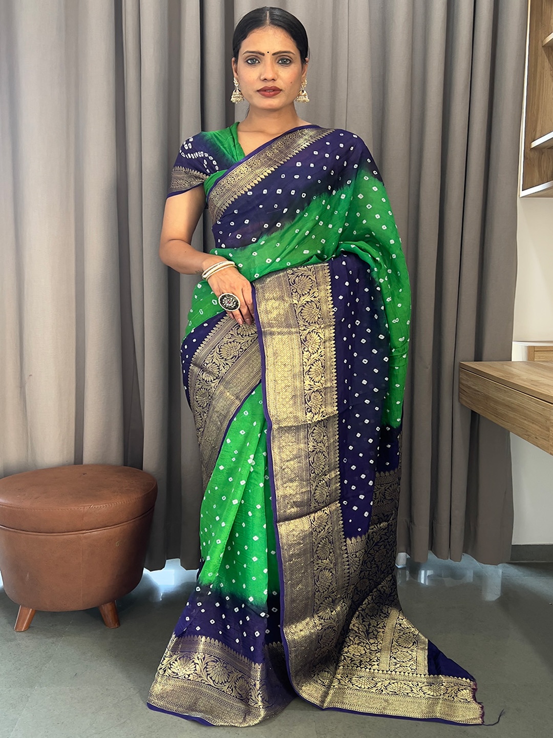 

Anouk Green & Blue Woven Design Zari Bandhani Saree