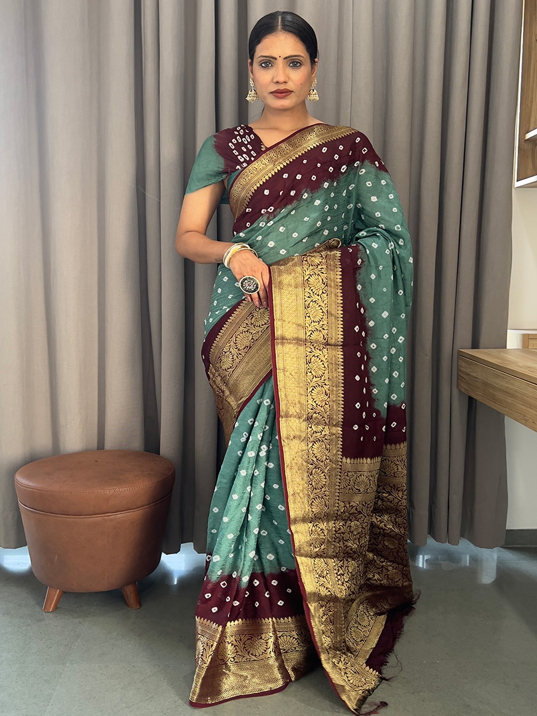 

Anouk Grey Printed Woven Design Zari Bandhani Saree