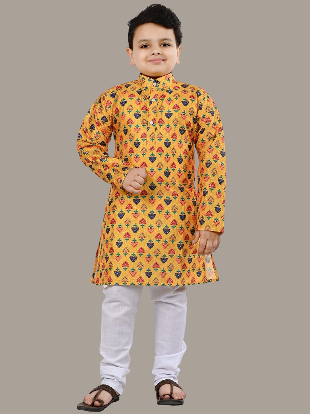 

BT DEZINES Boys Ethnic Motifs Printed Regular Sequinned Kurta with Pyjamas, Yellow