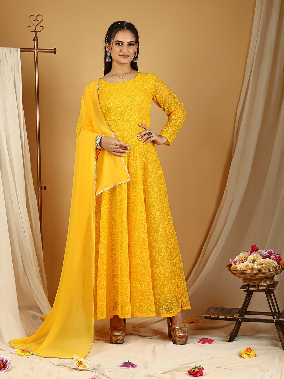 

KALINI Floral Embroidered Georgette Maxi Casual Dress With Dupatta, Yellow