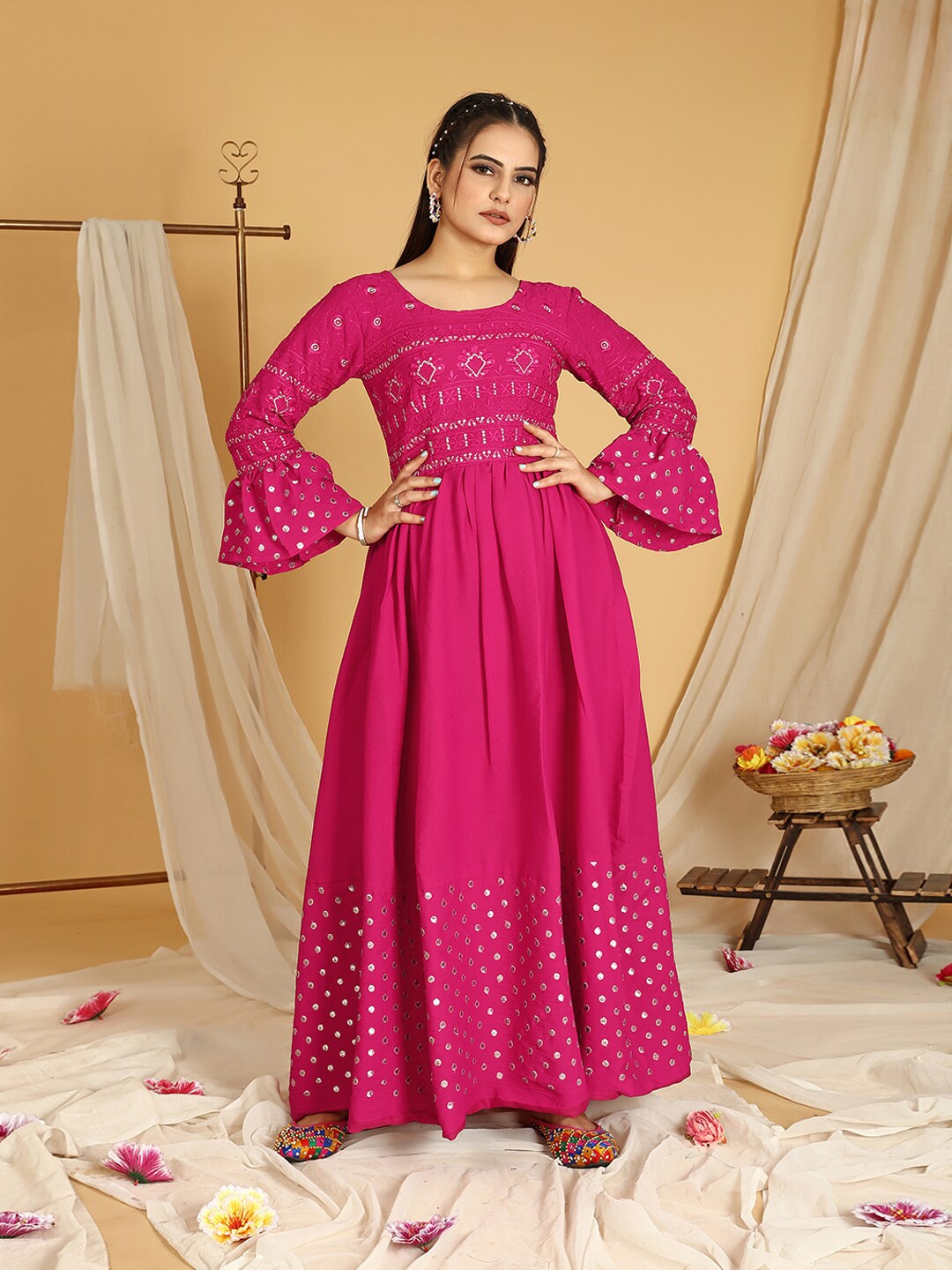 

KALINI Floral Embroidered Bell Sleeve Georgette Maxi Casual Dress, Pink