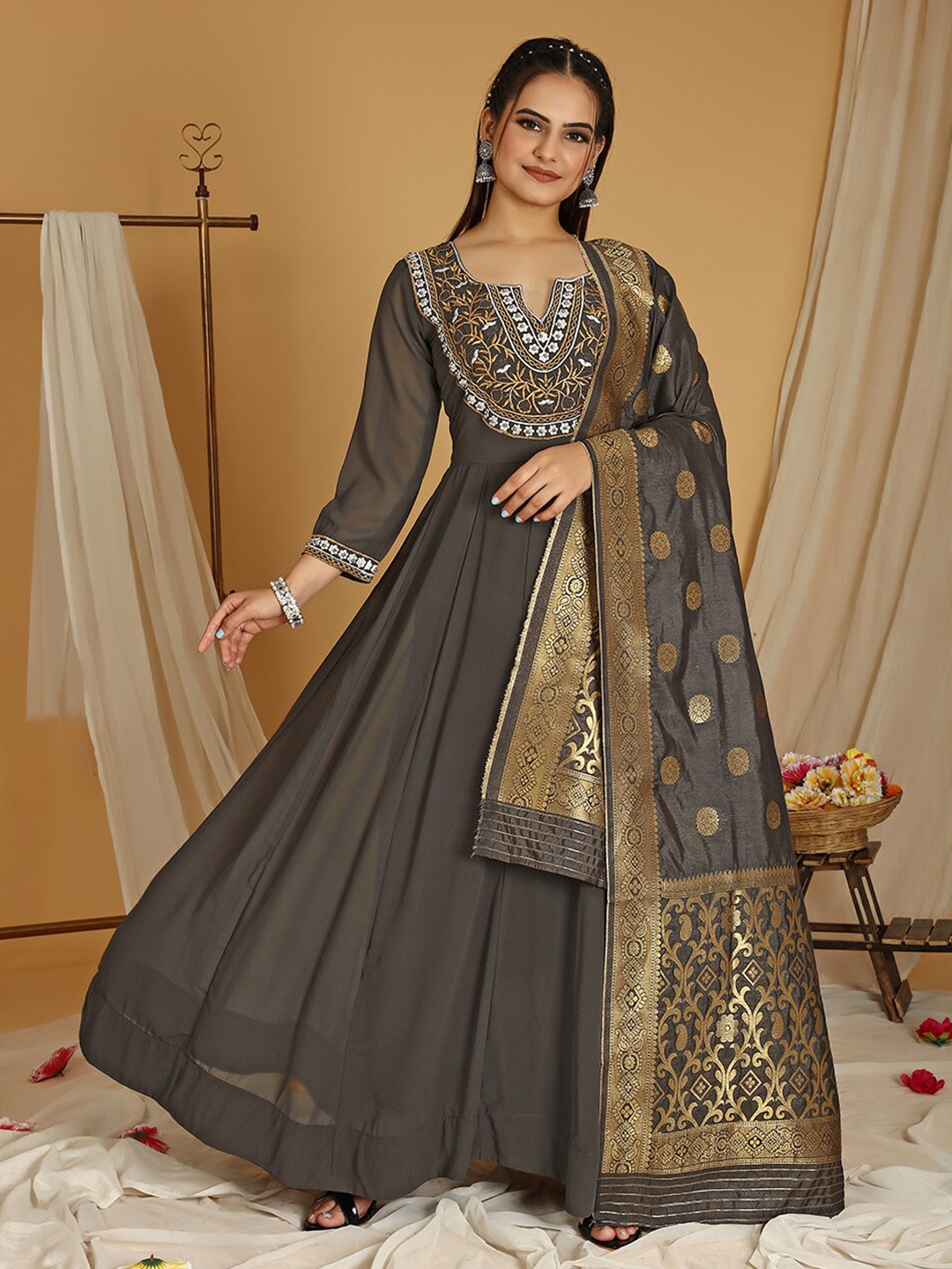 

KALINI Floral Embroidered Georgette A-Line Casual Dress With Dupatta, Grey