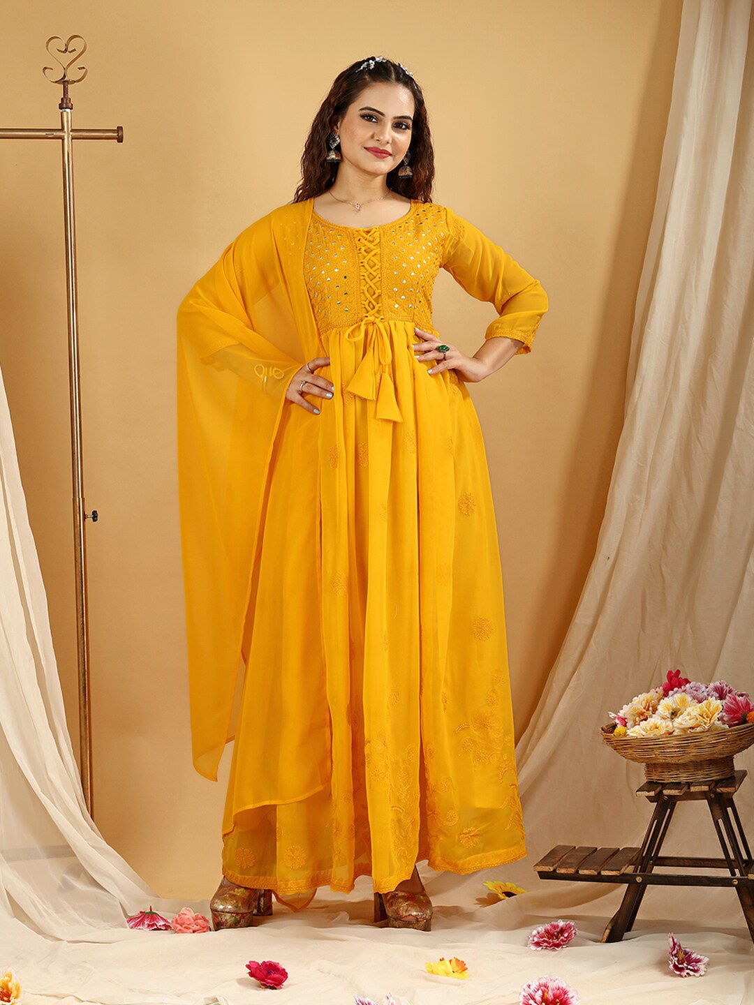 

KALINI Floral Embroidered Georgette Maxi Casual Dress With Dupatta, Mustard