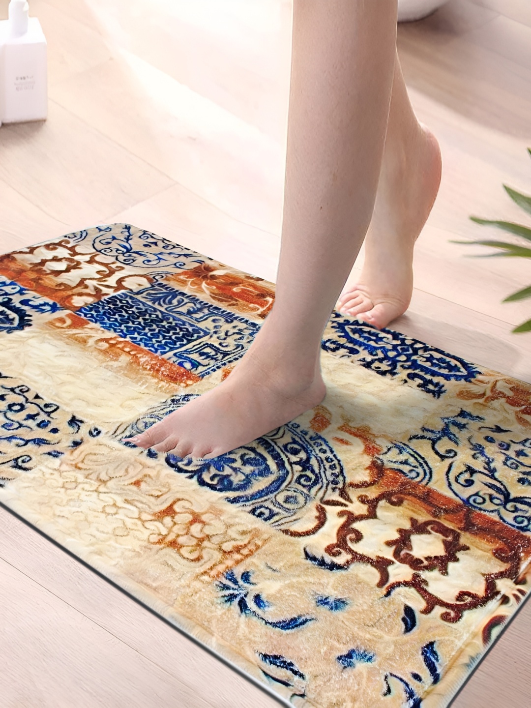 

Yellow Weaves Beige & Blue Self-designed Non-Slip Bath Rug