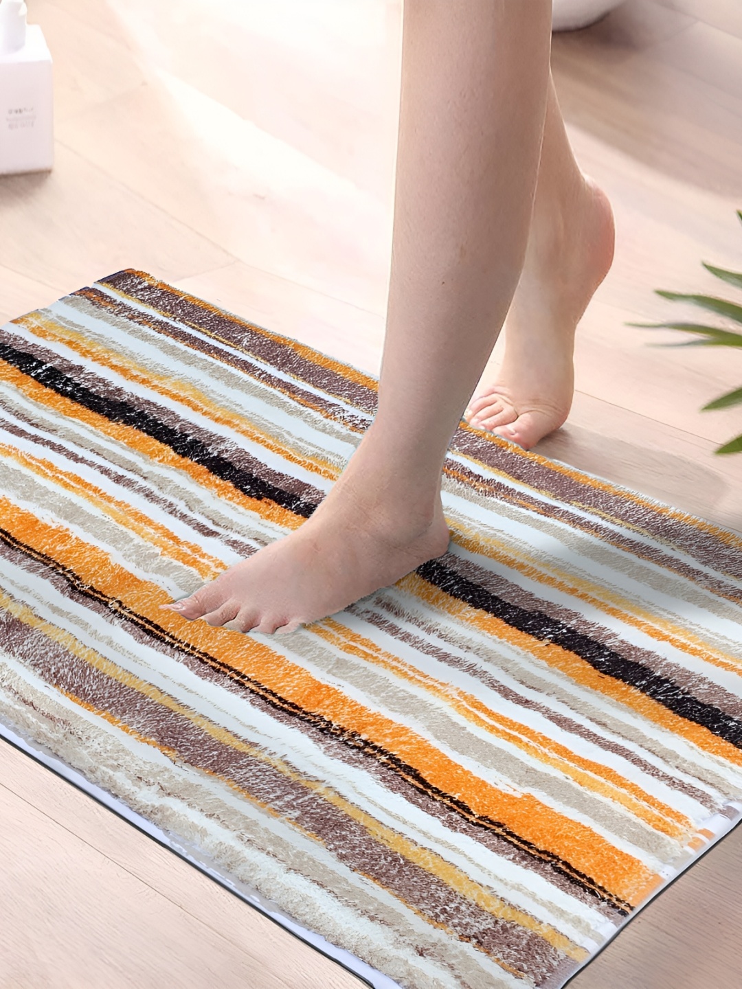 

Yellow Weaves White & Brown Striped Non-Slip Bath Rug