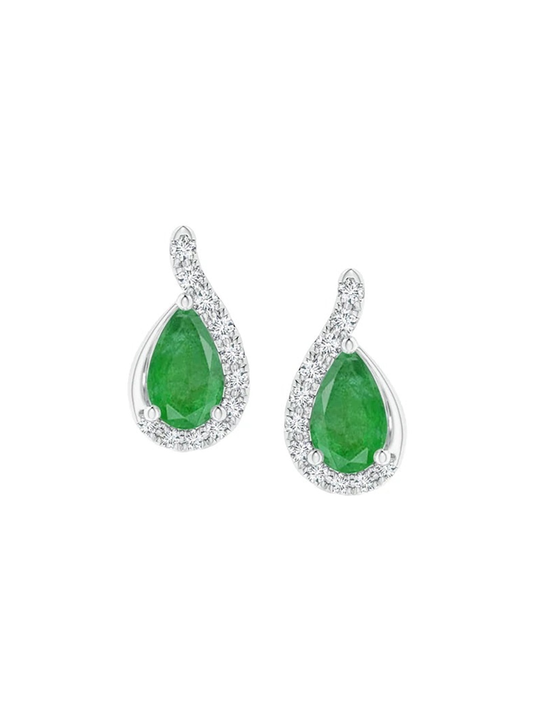 

Angara 14KT White Gold Pear Emerald Earrings with Diamond Swirl Frame, Silver