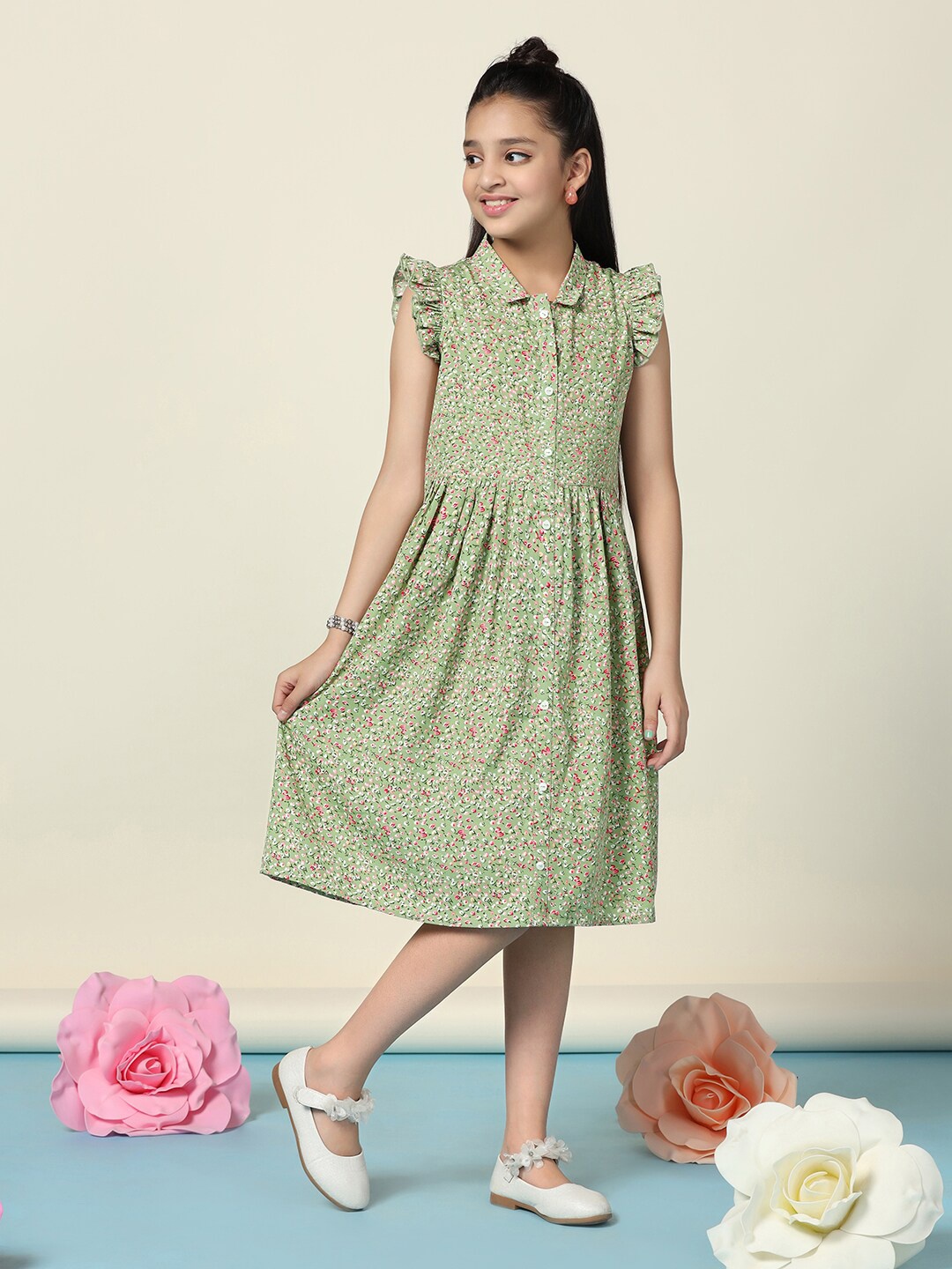 

BAESD Girls Floral Print Shirt Collar Flutter Sleeve A-Line Dress, Green