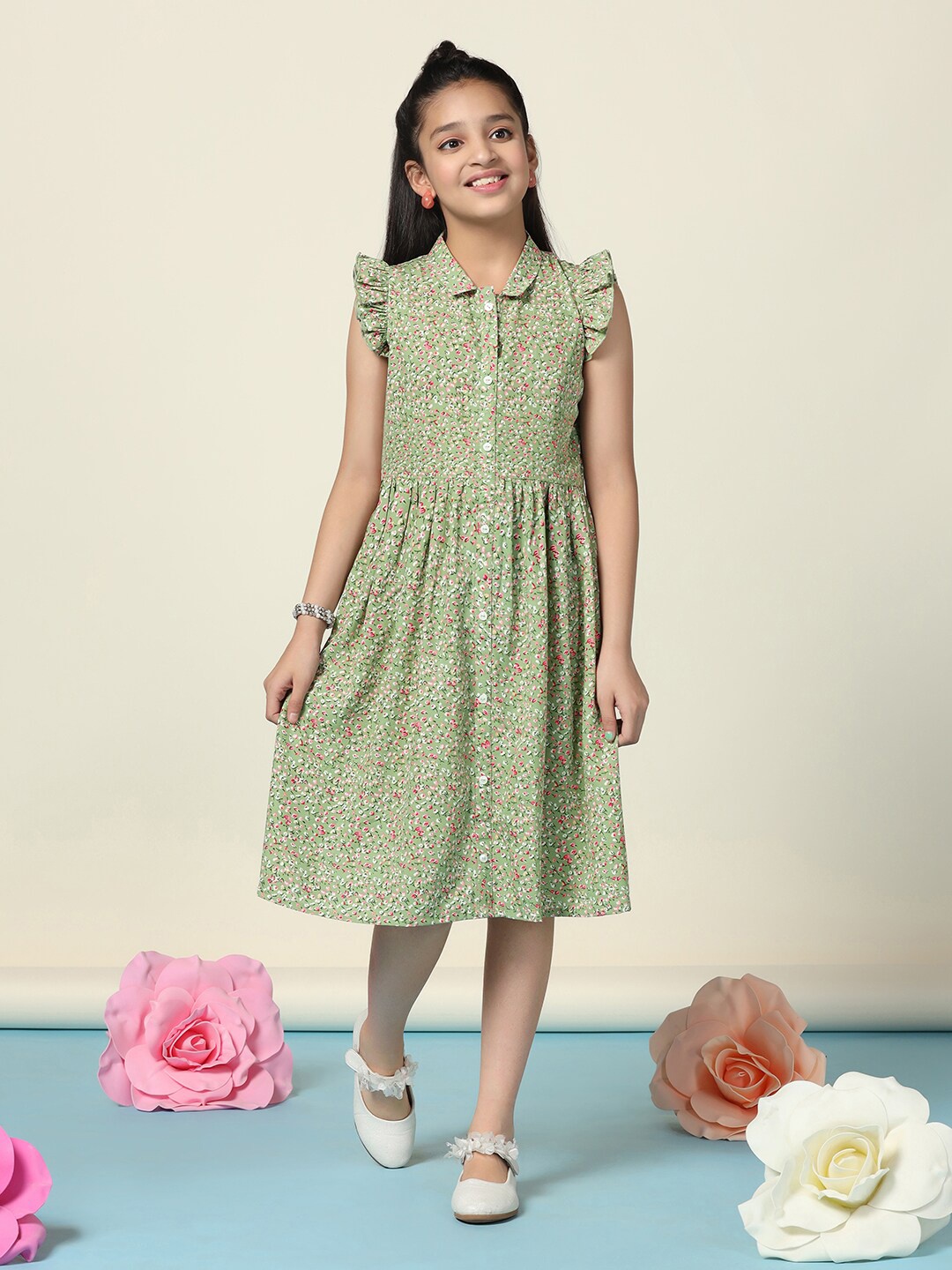 

FASHION DREAM Girls Floral Print Flutter Sleeve A-Line Casual Dress, Green