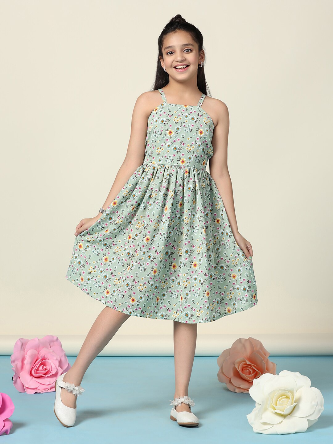 

FASHION DREAM Girls Floral Print Fit & Flare Casual Dress, Green