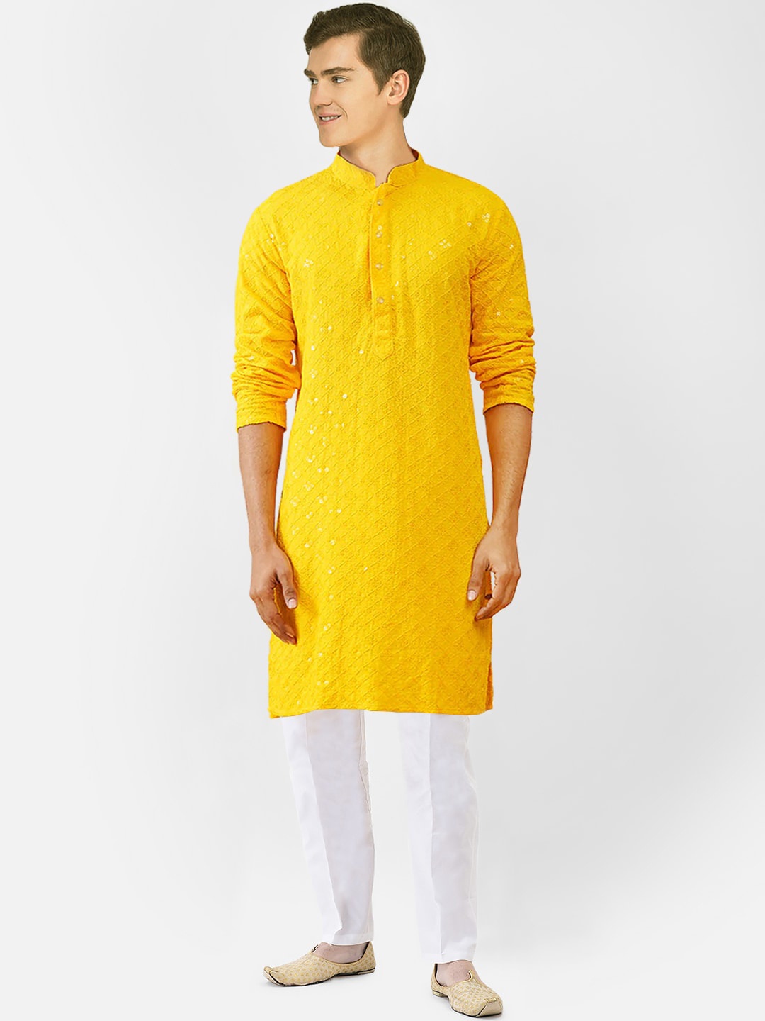 

SG LEMAN Mandarin Collar Embroidered Regular Straight Kurta with Pyjamas, Yellow
