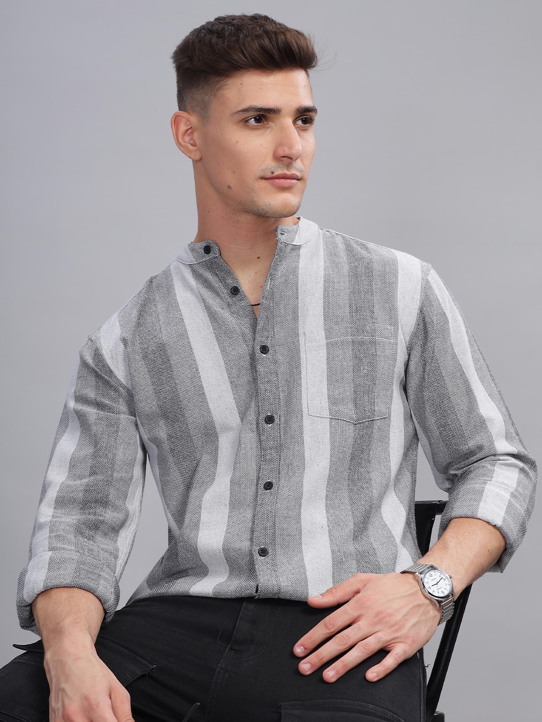 

HERE&NOW Checked Mandarin Collar Long Sleeves Cotton Casual Shirt, Grey