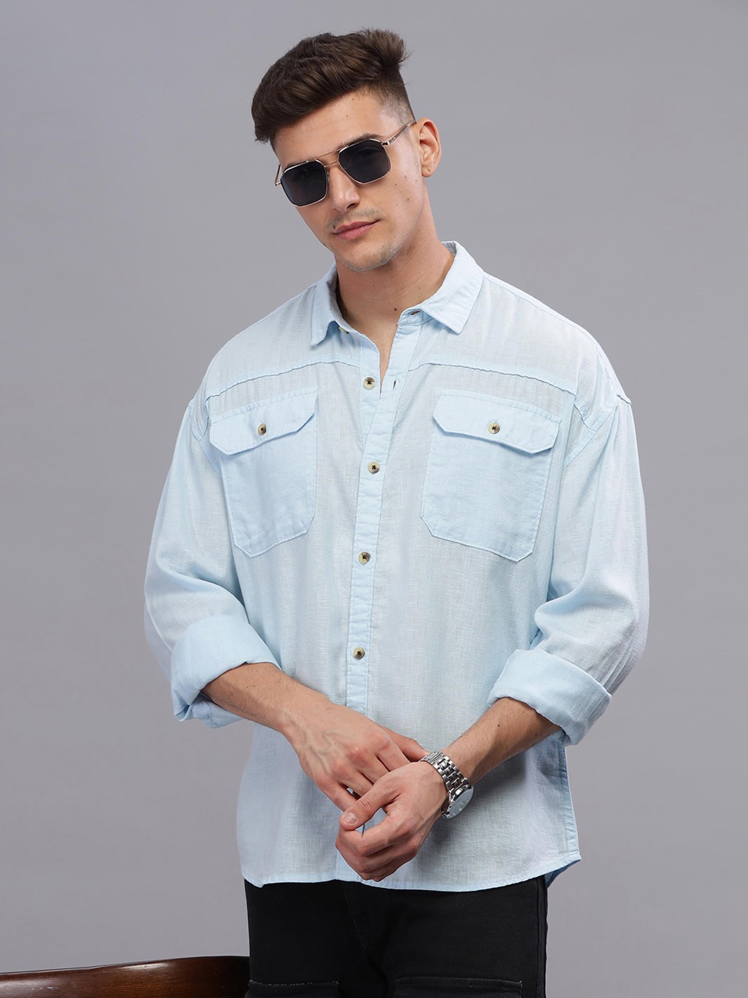 

HERE&NOW Spread Collar Long Sleeves Oversized Casual Shirt, Blue