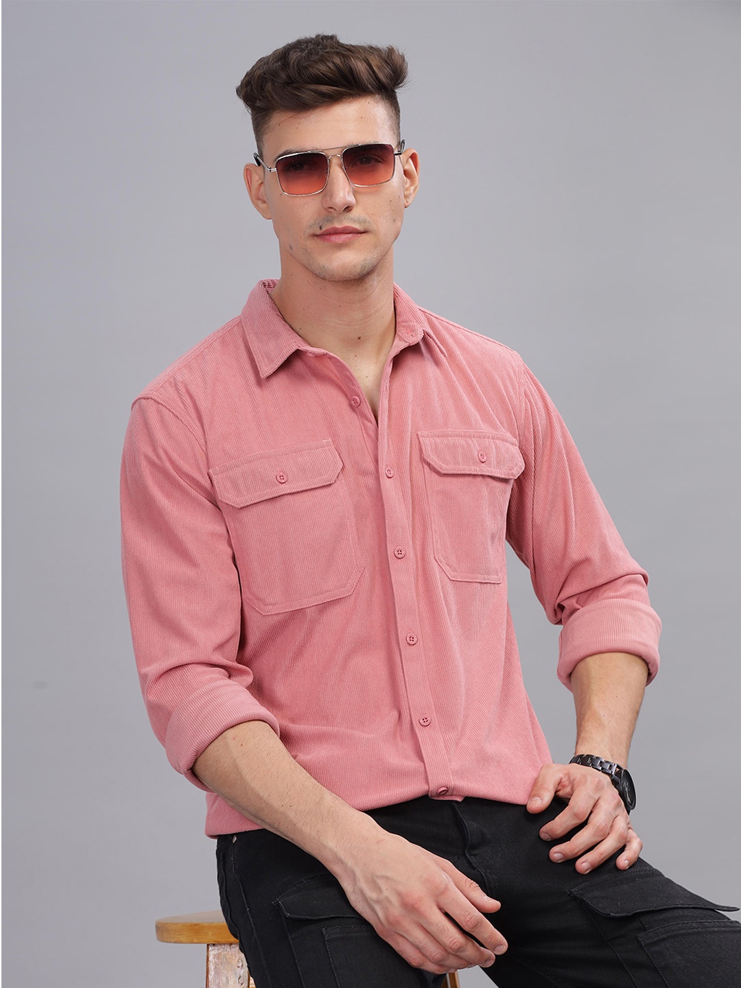 

HERE&NOW Vertical Stripes Spread Collar Long Sleeves Corduroy Casual Shirt, Pink