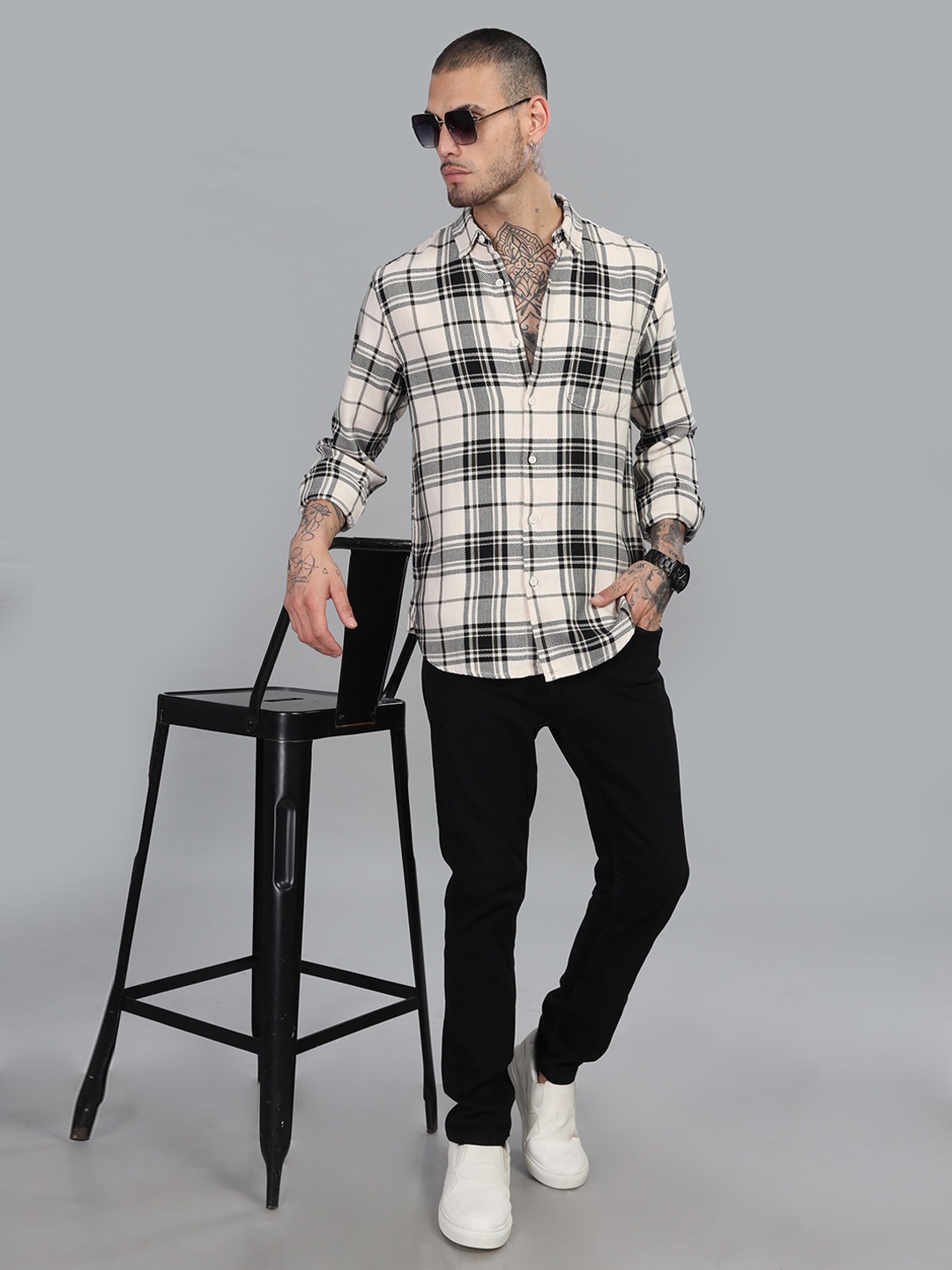 

HERE&NOW Tartan Checked Button-Down Collar Long Sleeves Cotton Casual Shirt, White