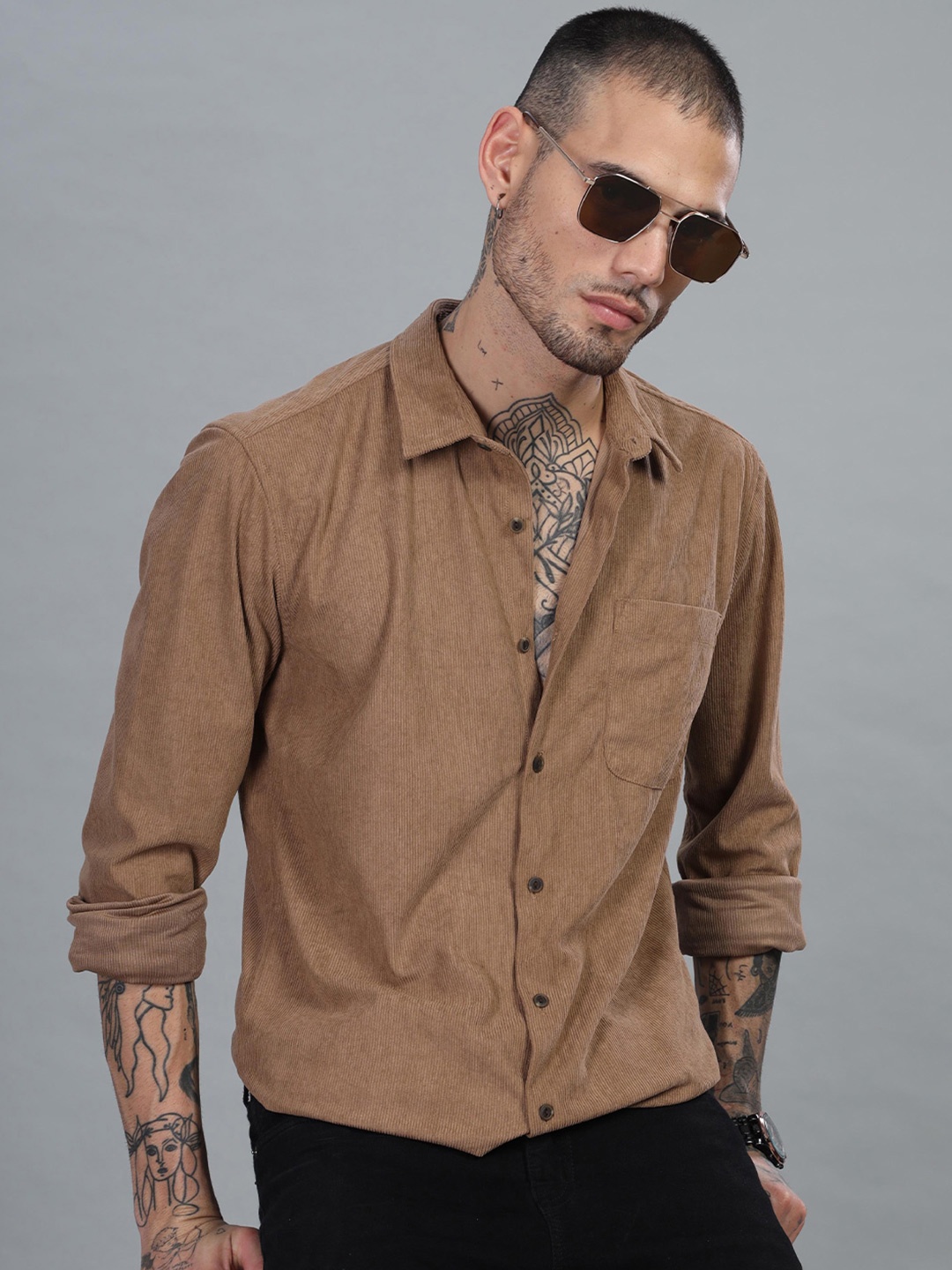 

HERE&NOW Slim Fit Textured Spread Collar Long Sleeves Casual Shirt, Brown