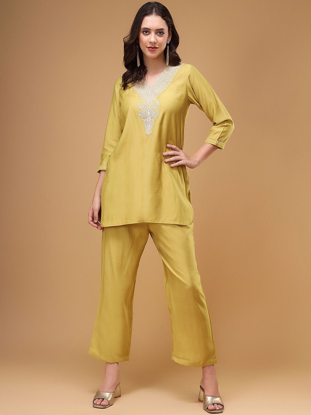 

Bani Women Ethnic Motifs Embroidered Tunic & Trouser, Lime green