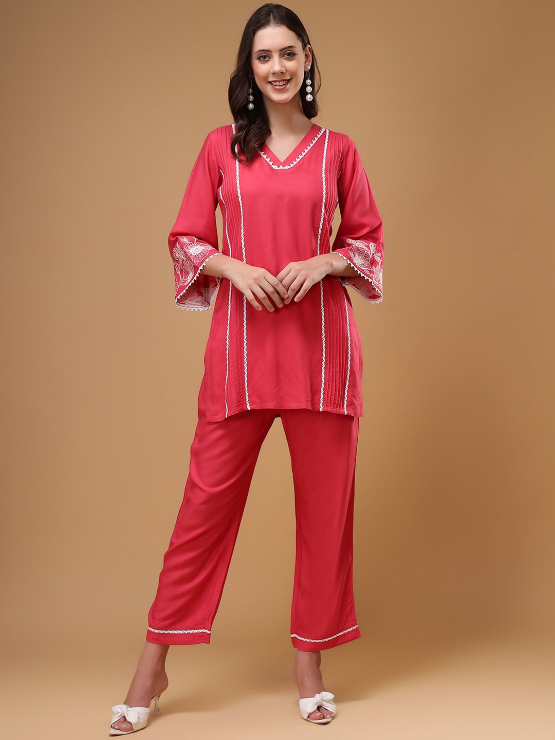 

Bani Women Floral Embroidered V-Neck Lace Top & Flared Trouser, Magenta