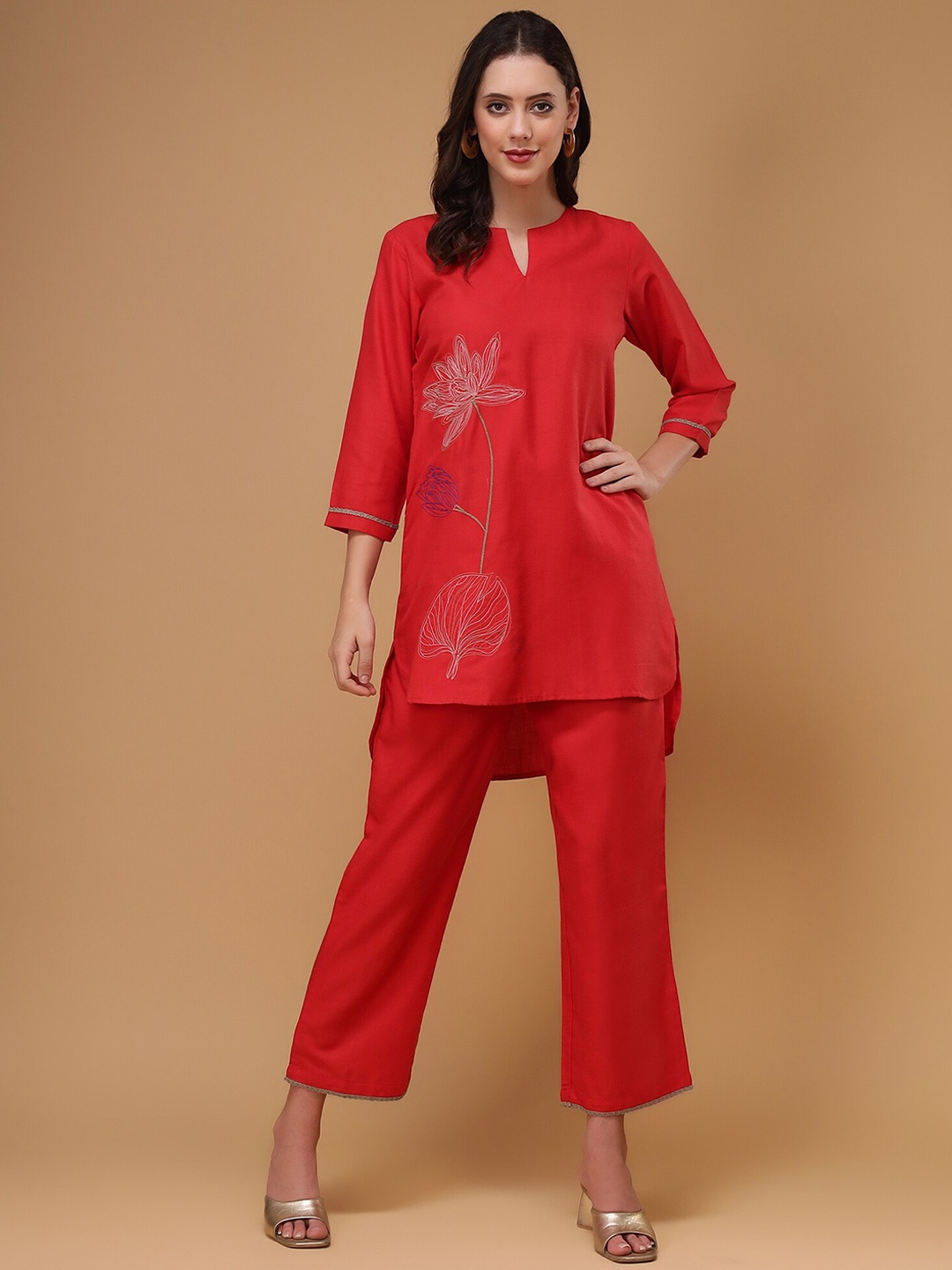 

Bani Women Floral Embroidered High Low Tunic With Trouser, Red