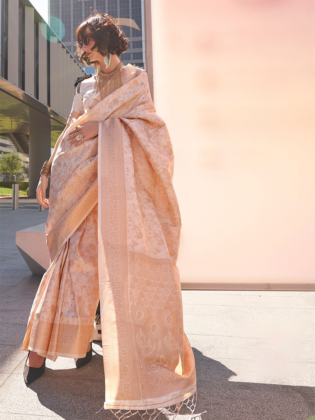 elora Floral Woven Design Zari Silk Banarasi Saree, Off white