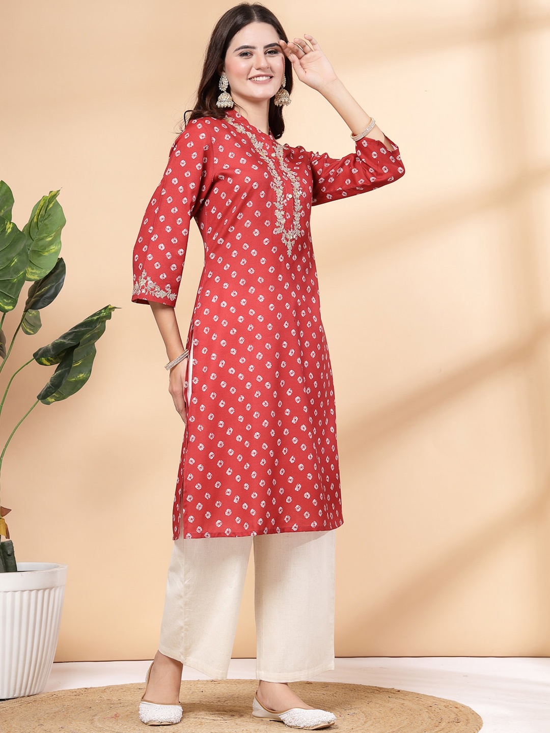 

Nayam By Lakshita Geometric Printed Regular Linen Kurta with Palazzos, Red