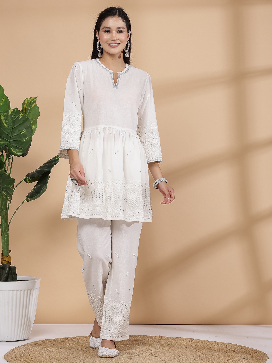 

Nayam By Lakshita Embroidered Three Quarter Sleeve Tunic And Trouser, White