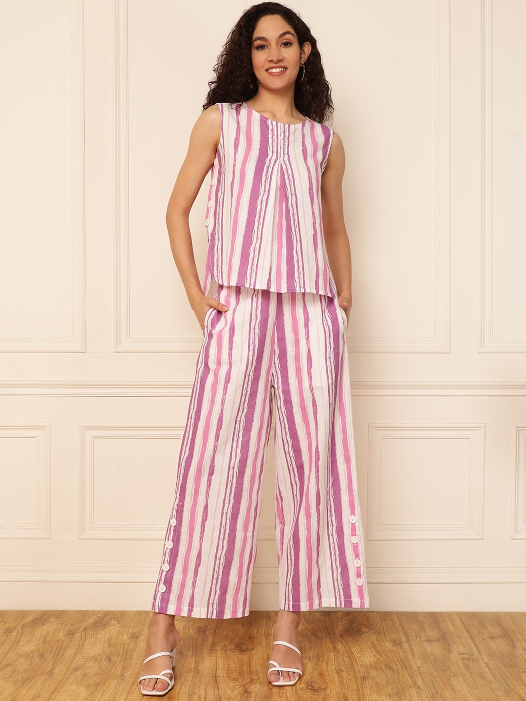 

DEEBACO Striped Sleeveless Linen Top With Trousers, Lavender