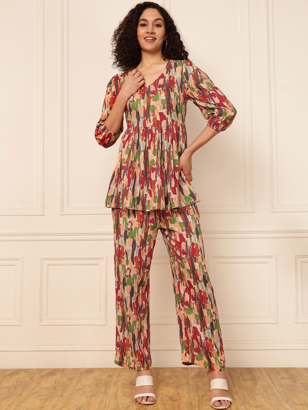 

DEEBACO Abstract Printed V-Neck Tunic With Trouser, Red