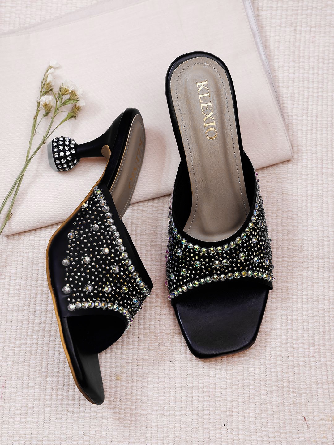 

KLEXIO Embellished Open Toe Block Heels, Black