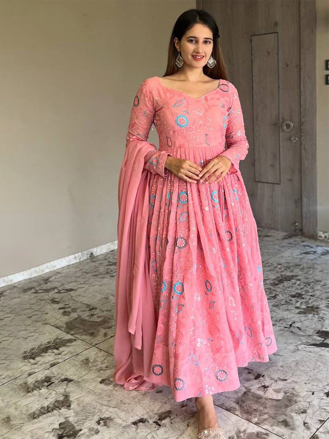 

Fashion Basket Embroidered Semi-Stitched Dress Material, Pink