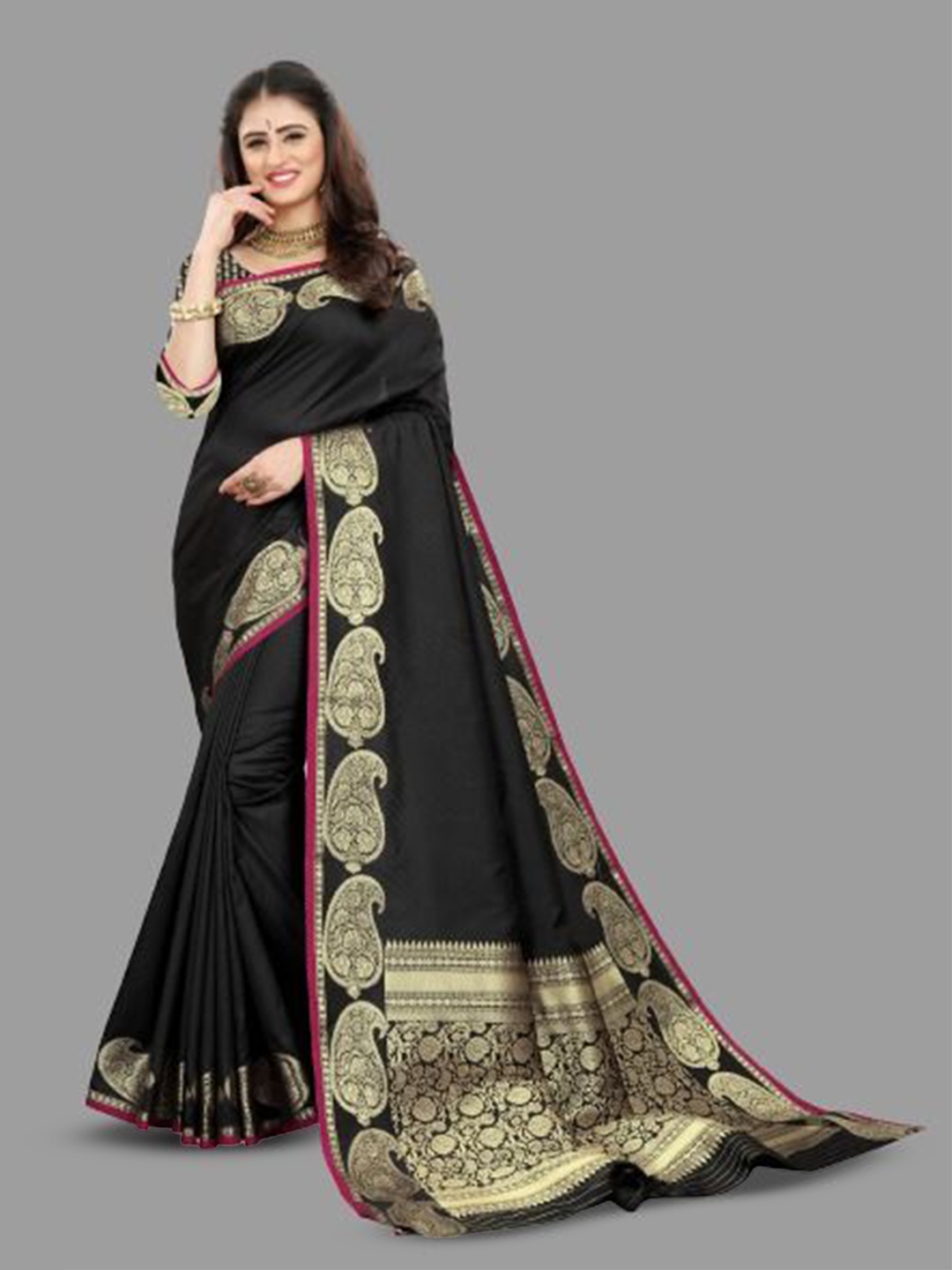 

THE WOMEN DECOR Ethnic Motifs Printed Zari Pure Silk Kanjeevaram Saree, Black