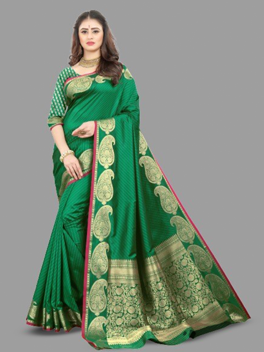 

THE WOMEN DECOR Geometric Printed Zari Pure Silk Banarasi Saree, Green