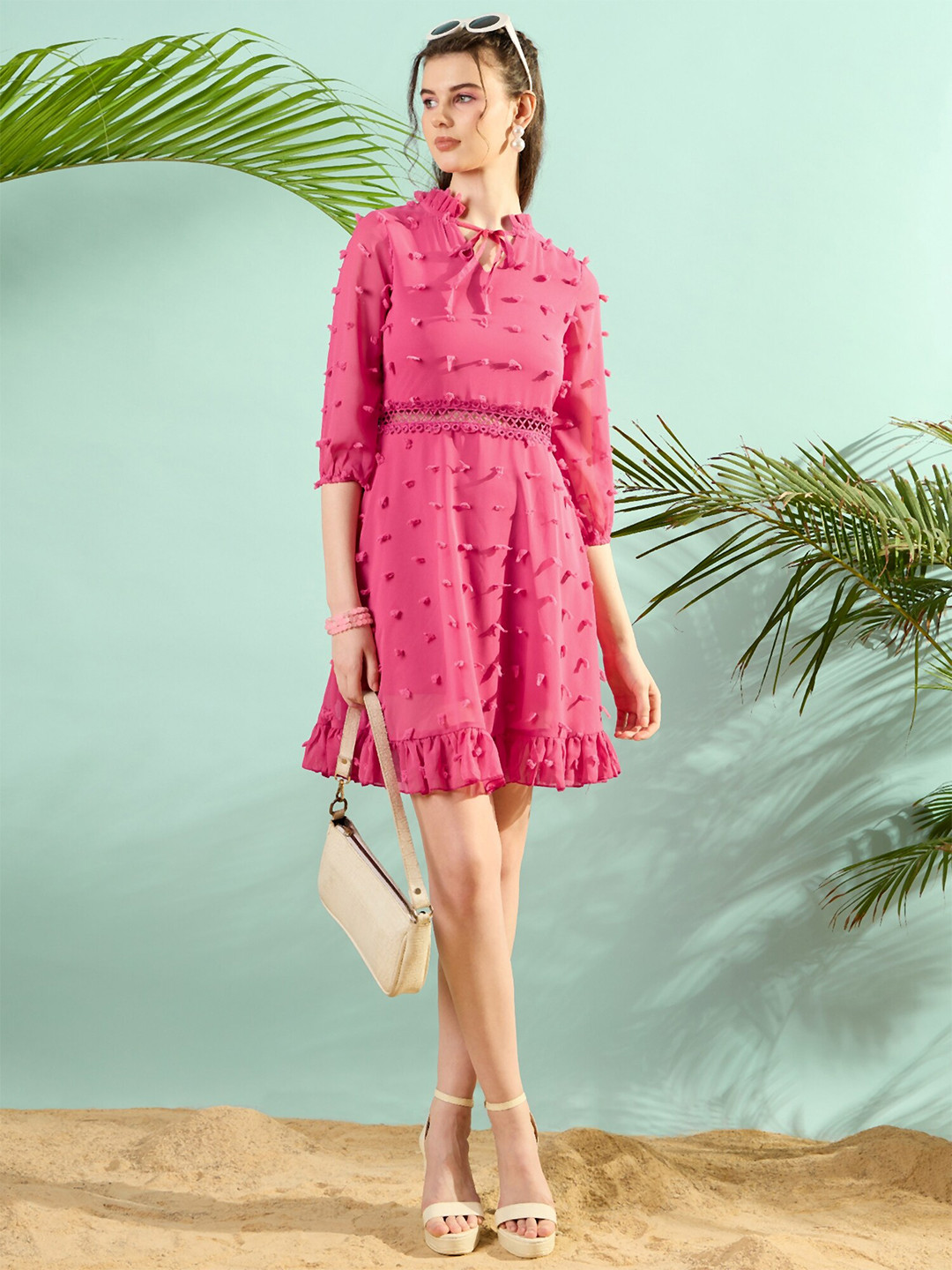 

KASSUALLY Abstract Self Design Keyhole Neck Three-Quarter Sleeves A-Line Dress, Pink