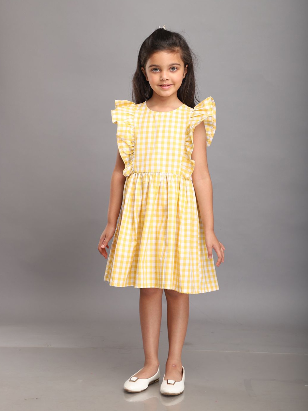 

Biglilpeople Girls Checked Flutter Sleeve Fit & Flare Dress, Yellow