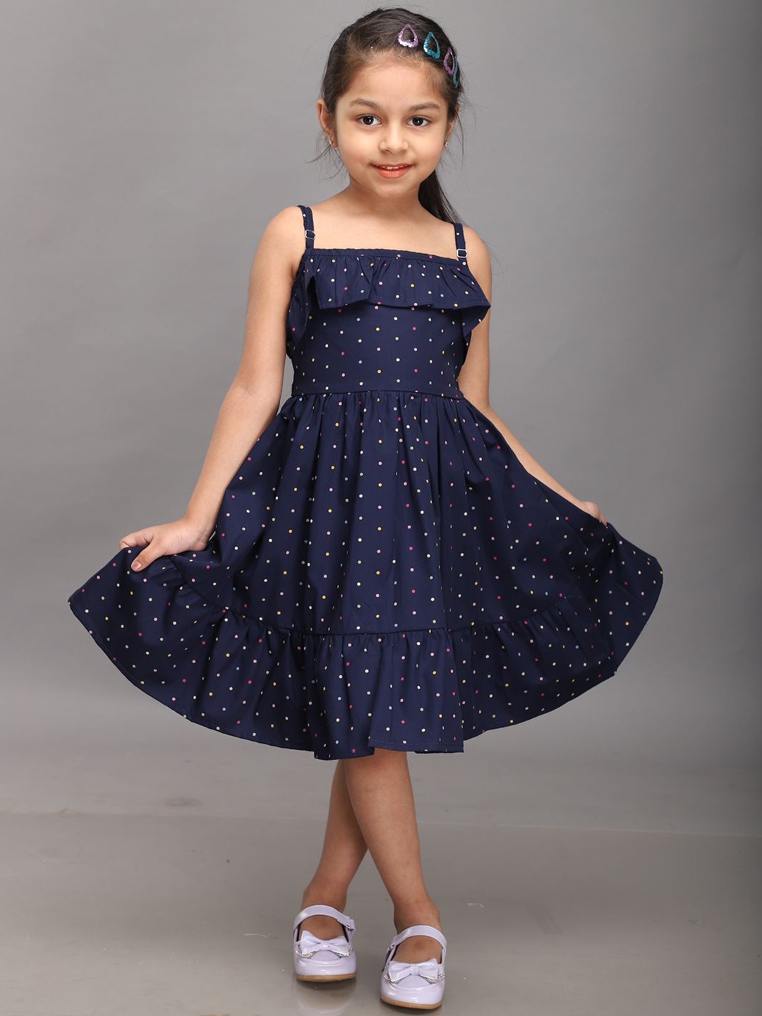 

Biglilpeople Girls Polka Dot Printed Fit & Flare Midi Dress, Navy blue