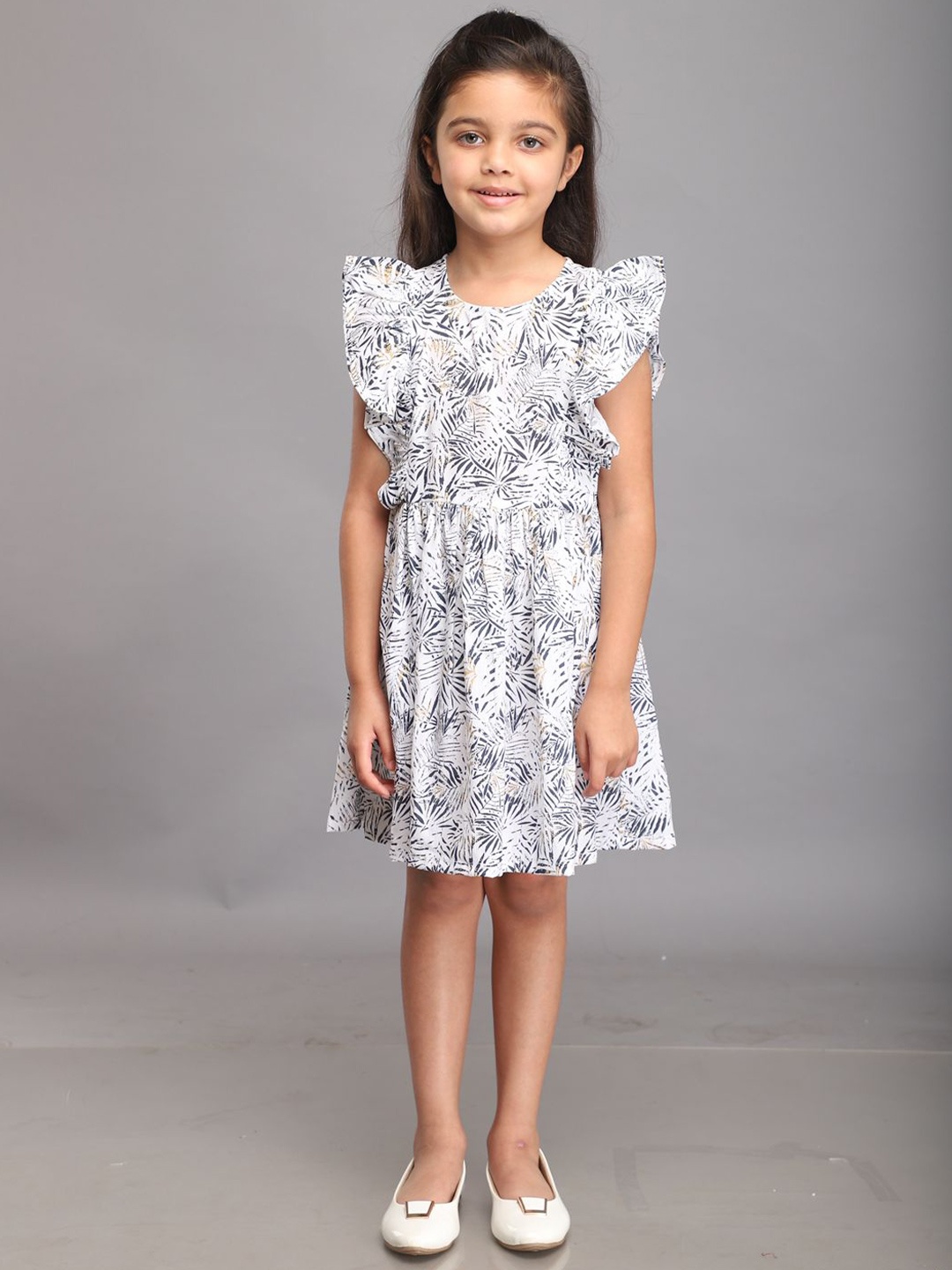 

Biglilpeople Girls Tropical Printed Flutter Sleeves Fit & Flare Dress, White